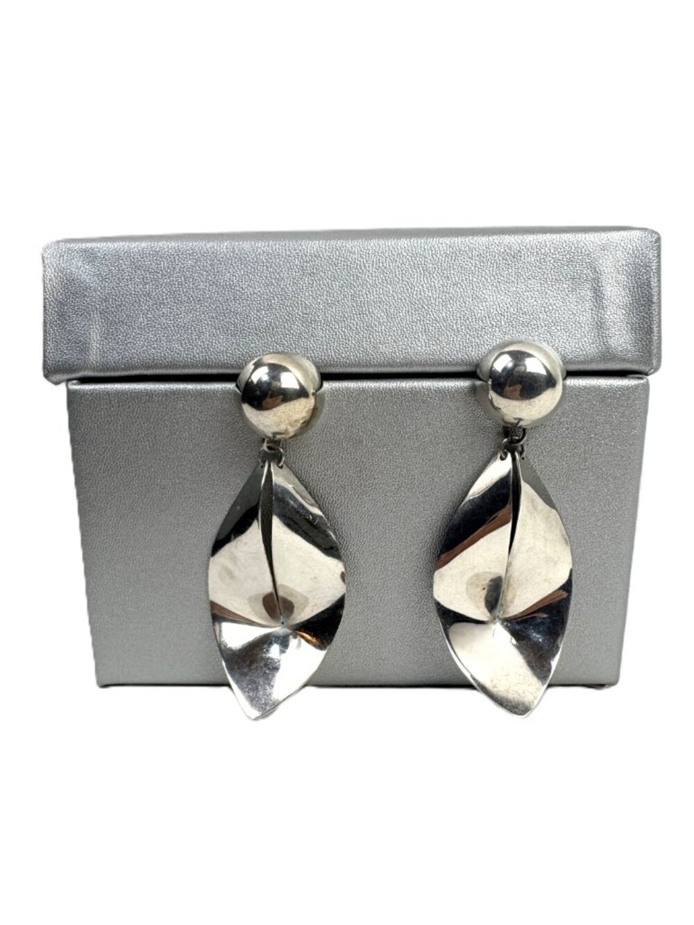 Vintage Mexican Sterling Silver Sculptural Folded Drop Leaf Earriings